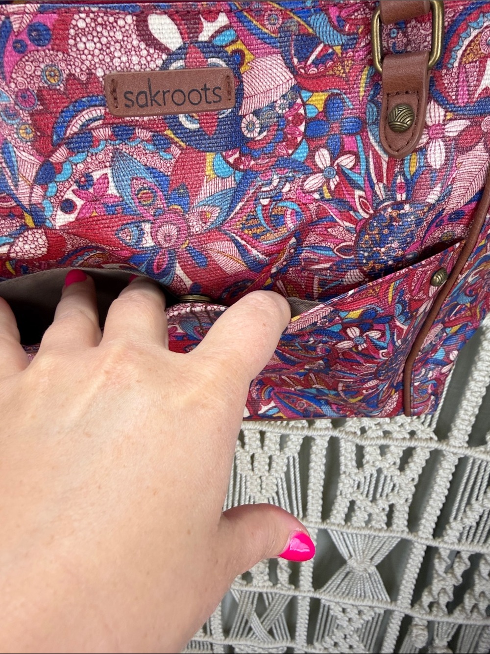 Sakroots Artist Circle Metro Tote with Red & Blue Floral and Paisley Pattern - Picture 4 of 10